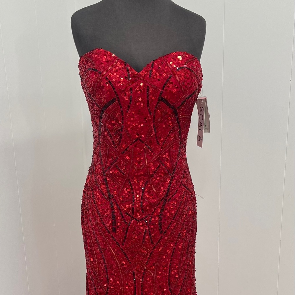 Scala Red Sequin Strapless Sweetheart Mermaid Gown Prom Evening Dress Size 10